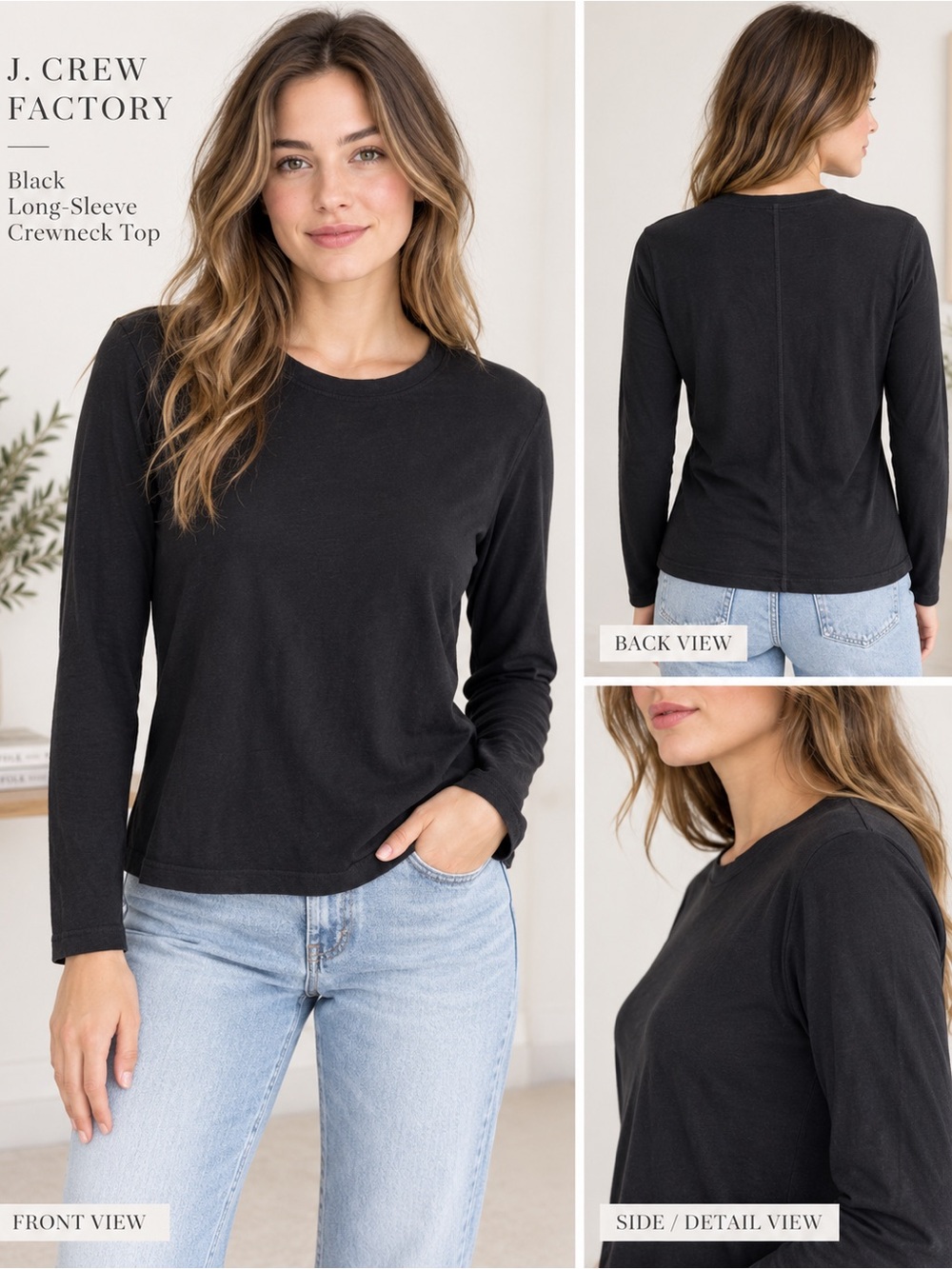 J.Crew Factory Black Long Sleeve Crewneck Top 100% Cotton Size M